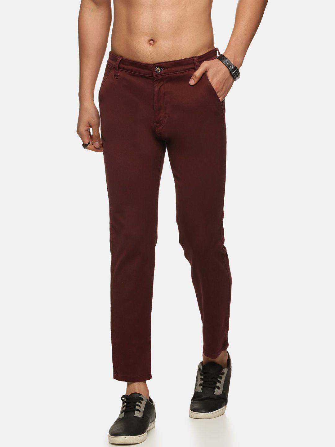old grey men maroon cotton slim fit high-rise trousers