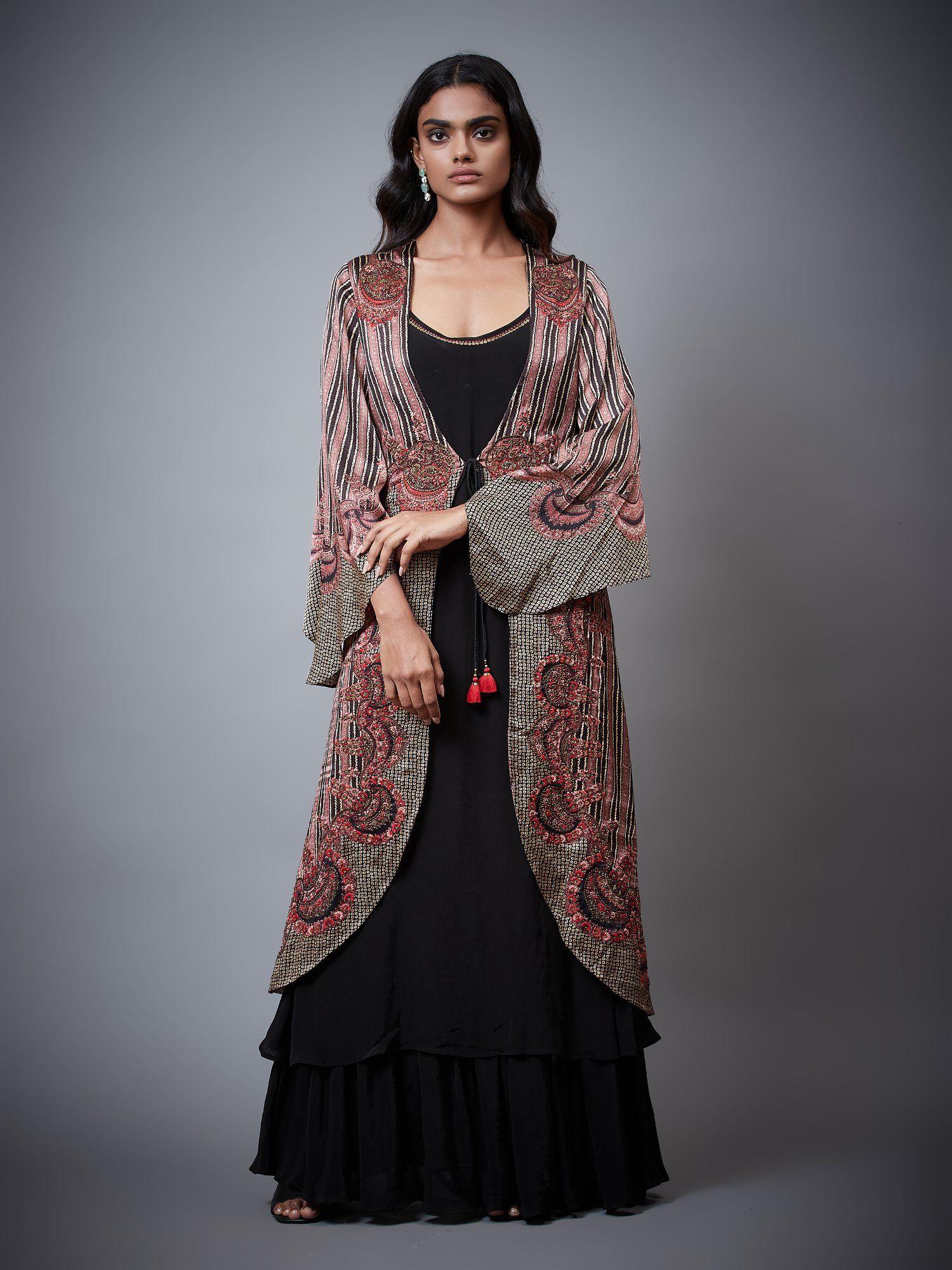 old rose & black malisha jamawar jacket and dress (set of 2)