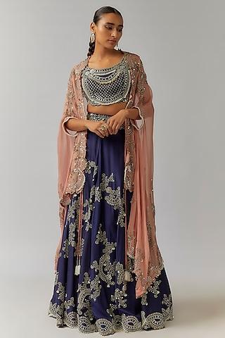 old rose & navy blue silk mirror cutwork embroidered jacket lehenga set