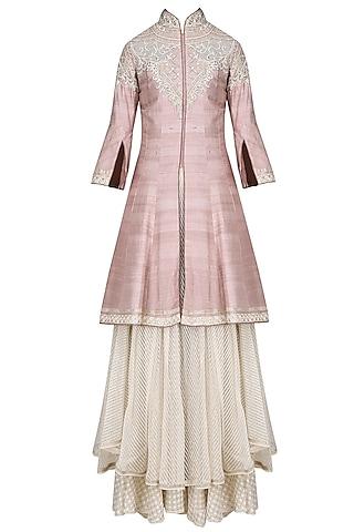 old rose 3d resham work kurta with trail and sharara pants set