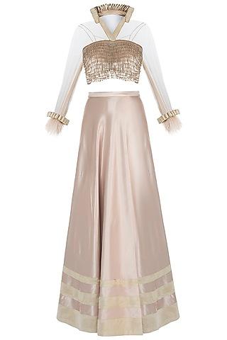 old rose embroidered blouse with lehenga skirt