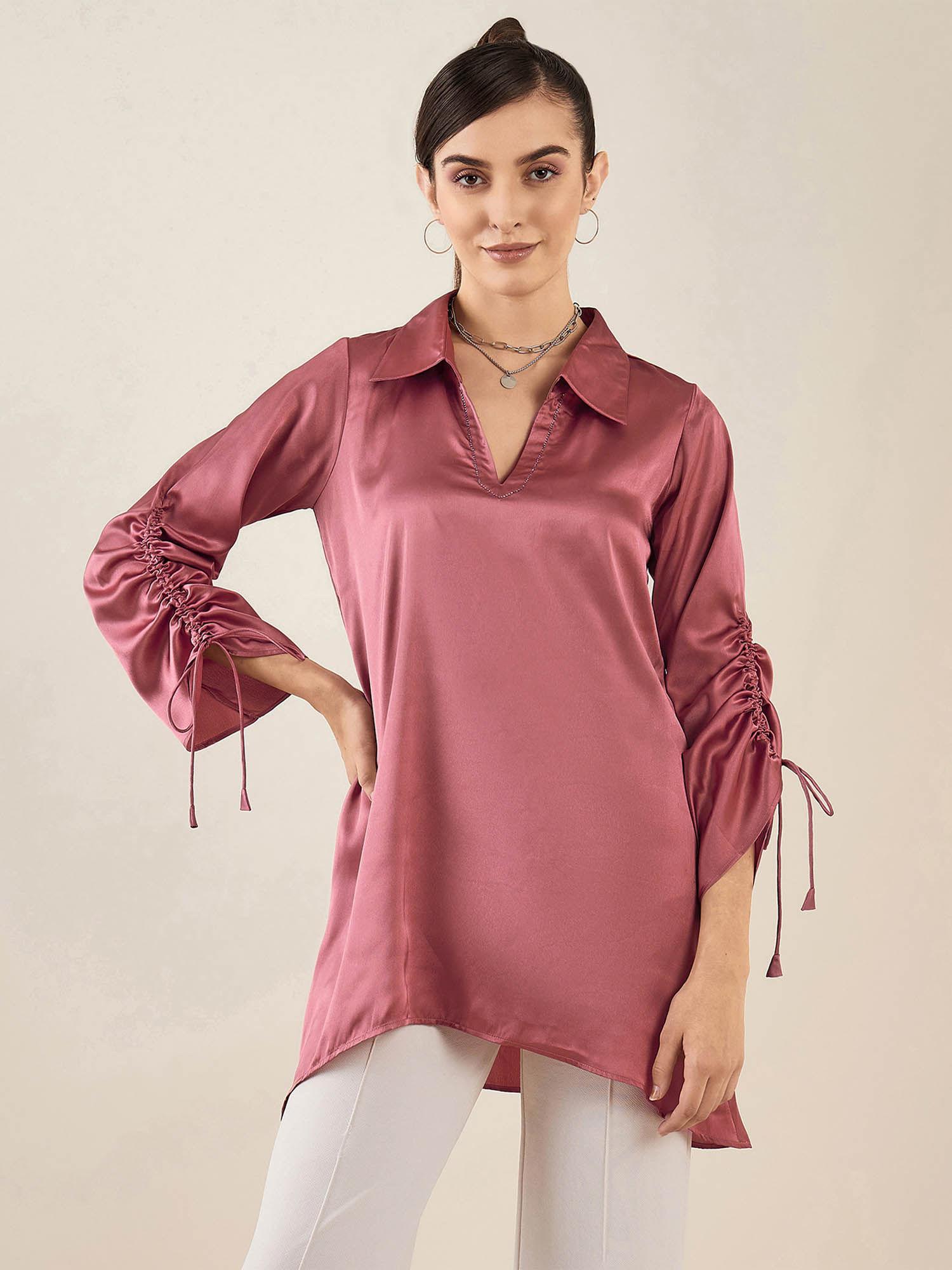 old rose gathered sleeves embellished satin tunic