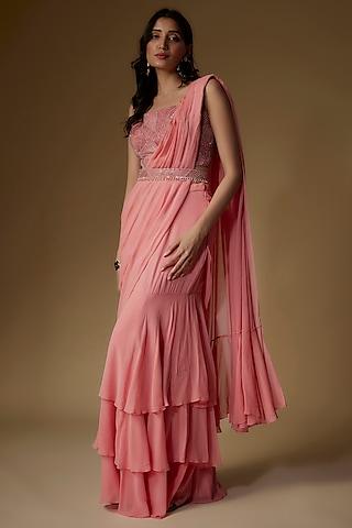 old rose georgette draped saree set