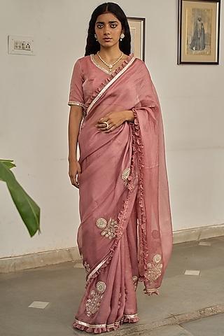 old rose kota silk marori hand embroidered saree set
