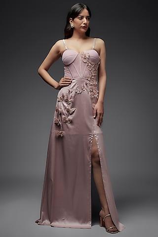 old rose modal satin & mesh applique work gown