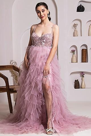 old rose net ruffled gown