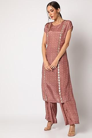 old rose pink embroidered & bandhani printed kurta set