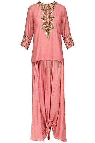 old rose pink embroidered tunic with dhoti pants set