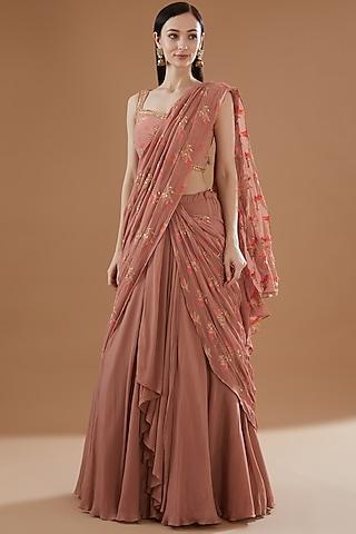 old rose pink viscose crepe & viscose georgette jamawar banarasi hand embroidered lehenga saree set