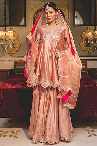 old rose pure spun silk marori work anarkali set