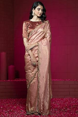 old rose tissue silk embroidered handwoven saree set