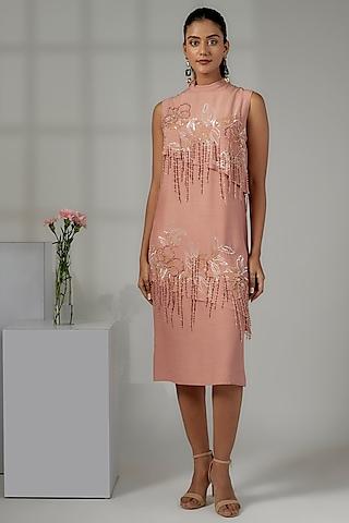 old rose viscose crepe embroidered a-line dress