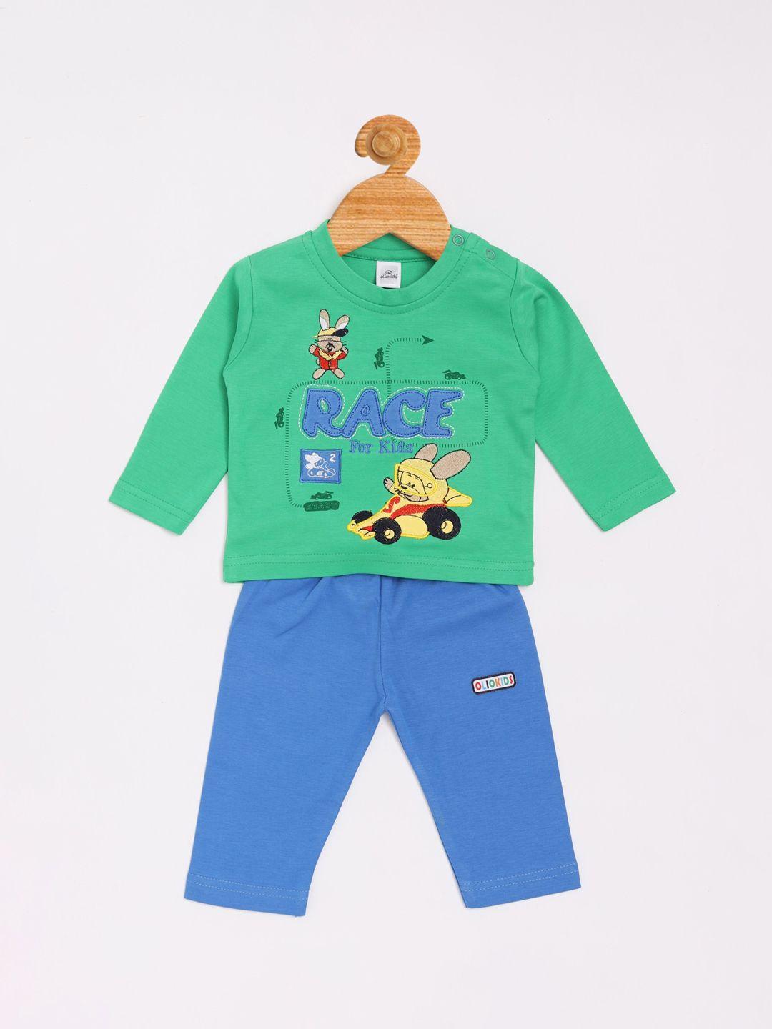 olio kids boys green & blue printed t-shirt with trousers