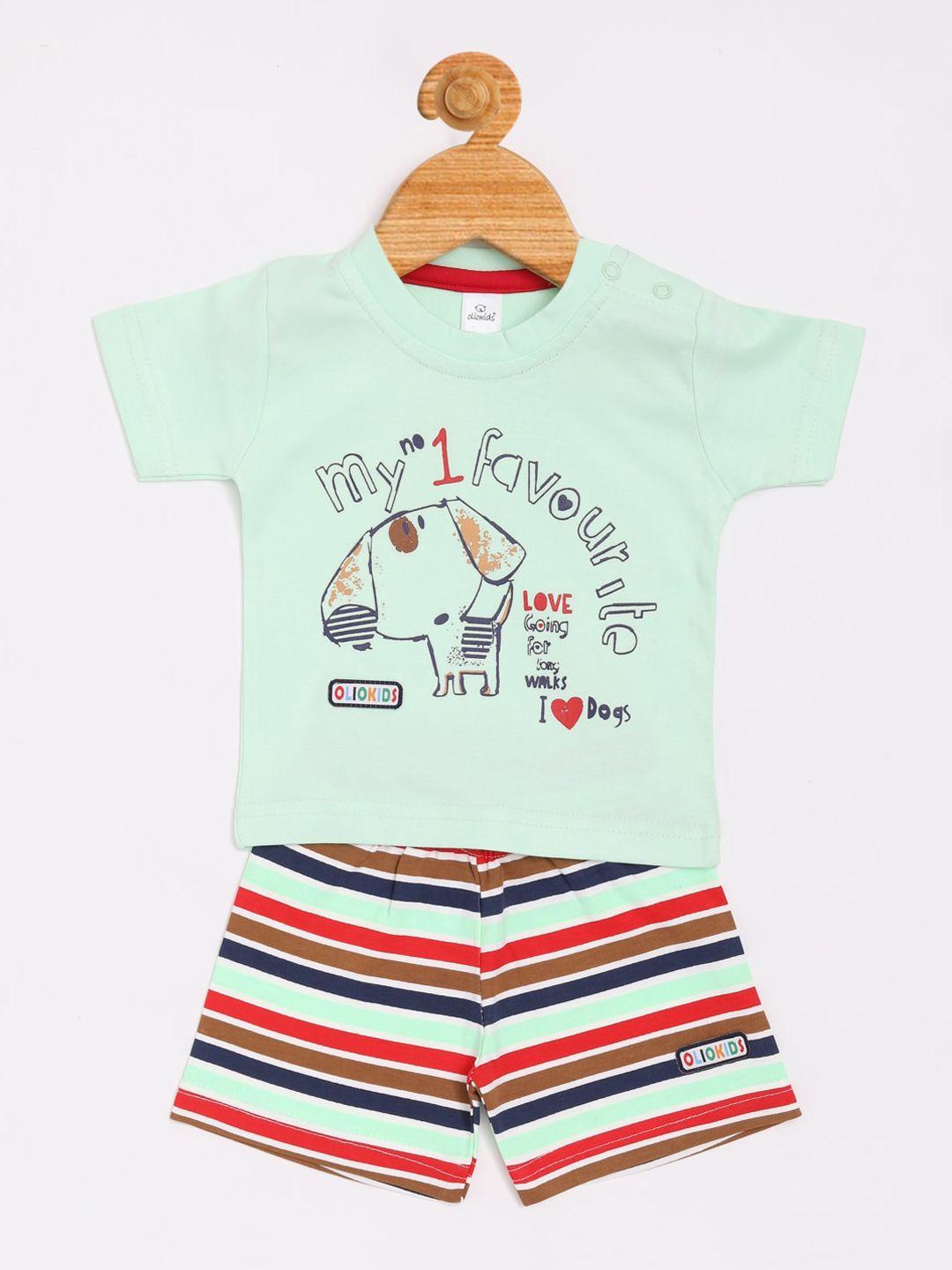 olio kids boys green & navy blue printed t-shirt with shorts