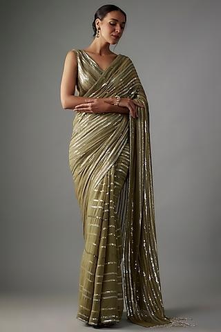 olive green chiffon sequins embroidered saree set