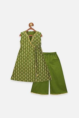 olive green cotton angrakha kurta set for girls