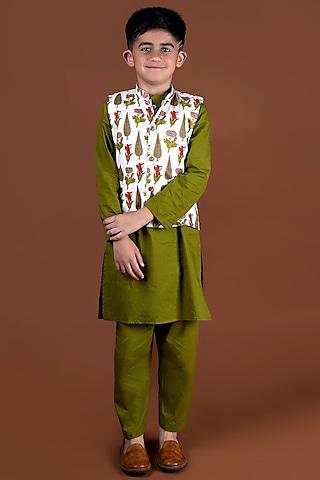 olive green cotton kurta set with nehru jacket for boys