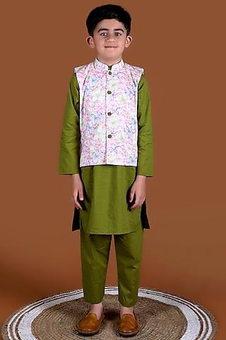 olive green cotton kurta set with printed nehru jacket for boys