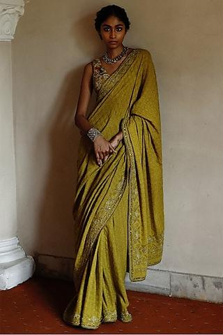 olive green handwoven khadi lucknowi chikankari embroidered saree set