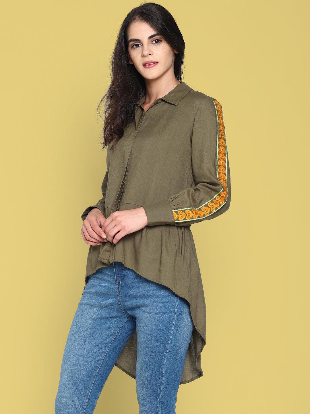 olive green high low shirt with emroidered sleeves