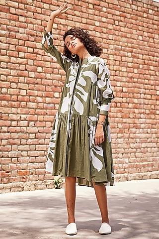 olive green mul cotton printed handcrafted dress