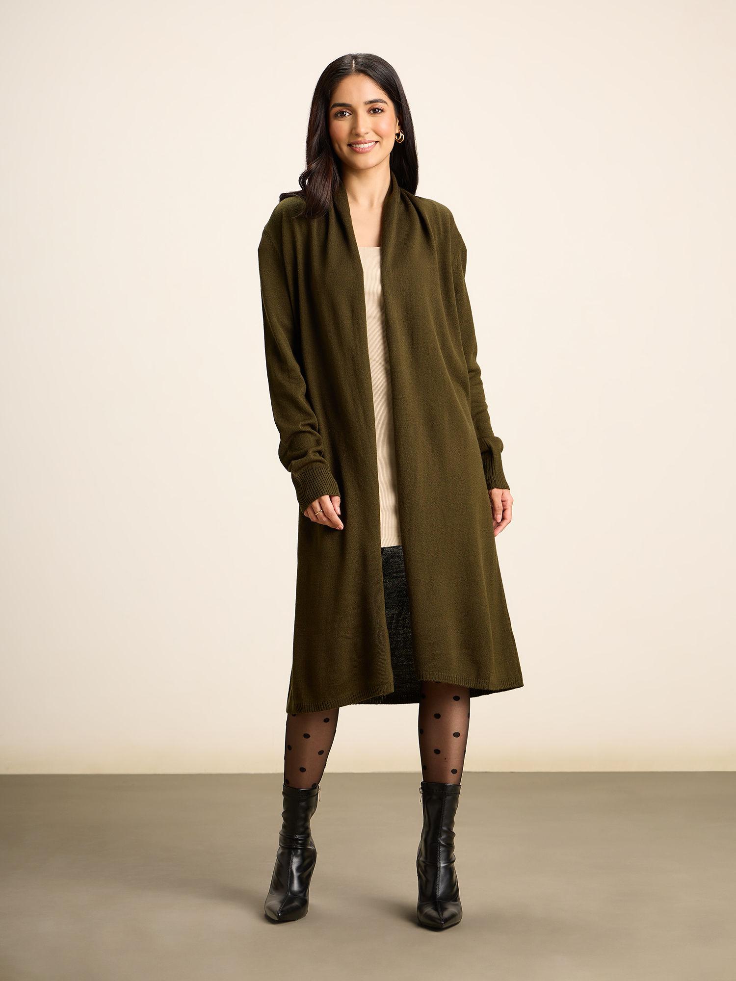 olive green solid open front longline cardigan