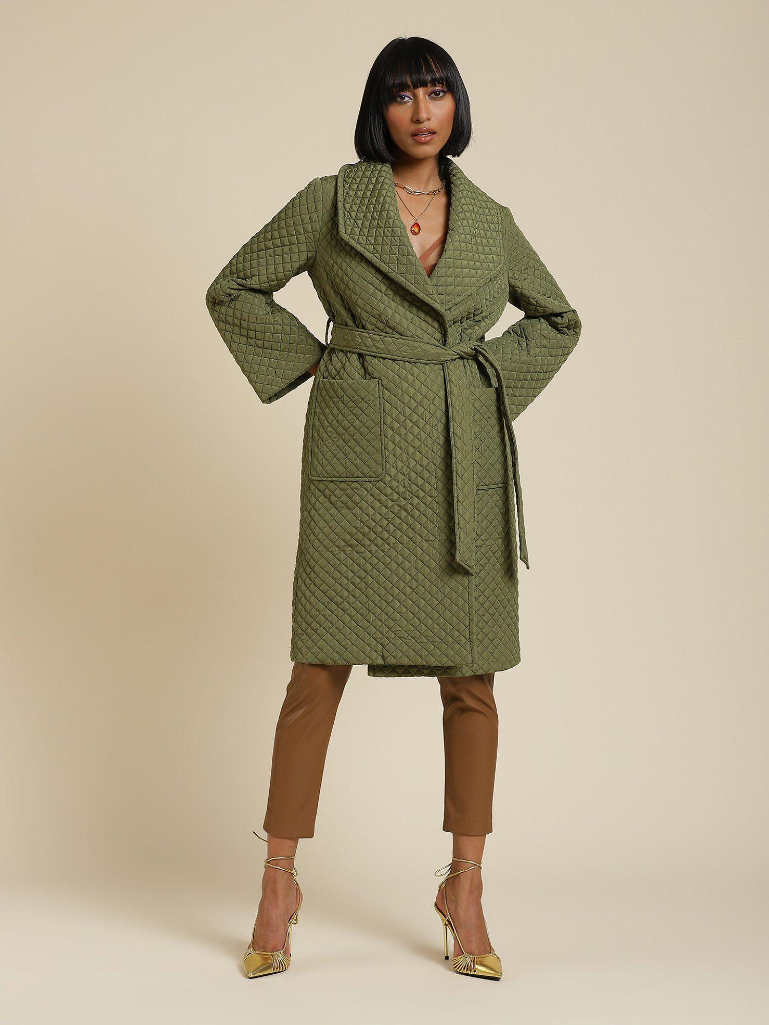 olive green textured trench coat with belt (set of 2)
