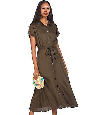 olive polo collar solid maxi dress