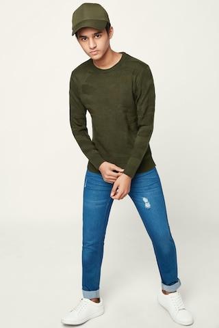 olive printed casual full sleeves round neck boys regular fit sweater