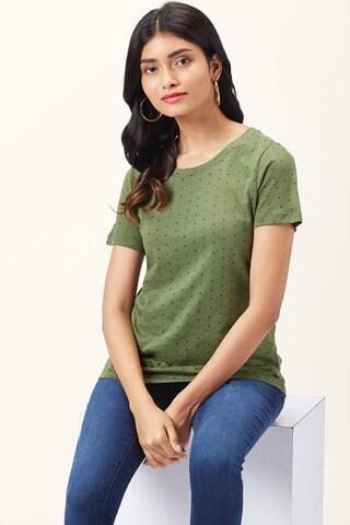 olive printed casual half sleeves round neck women regular fit t-shirt