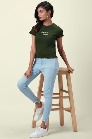 olive printed casual short sleeves round neck women regular fit t-shirt