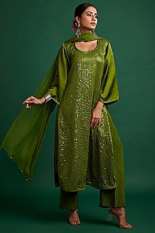 olive silk satin sequins handcrafted kurta set
