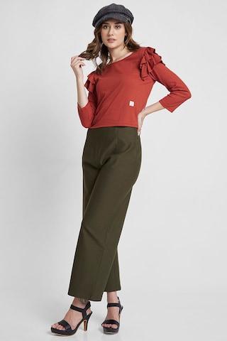 olive solid ankle-length high rise casual women flared fit trousers
