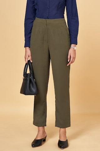 olive solid ankle-length high rise formal women tapered fit trousers