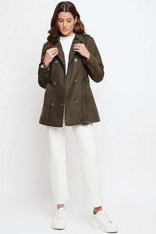 olive solid casual full sleeves regular collar women regular fit overcoat