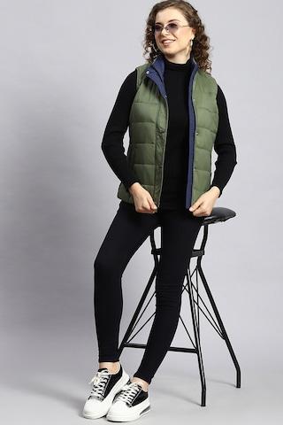 olive solid casual sleeveless turtle neck women regular fit jacket