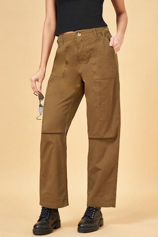olive solid cotton women comfort fit trousers