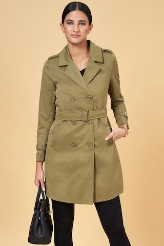 olive solid formal full sleeves notched collar women regular fit jacket