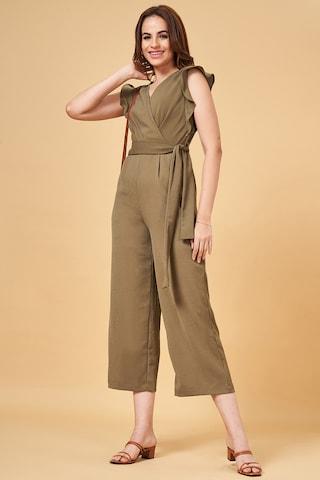 olive solid full length  casual women regular fit  jumpsuit