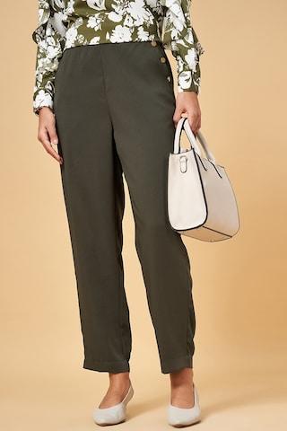 olive solid full length  formal women comfort fit  trousers