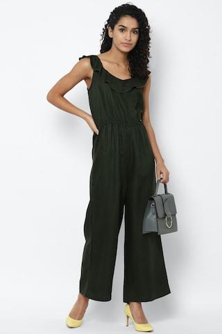 olive solid round neck casual women regular fit jumpsuit