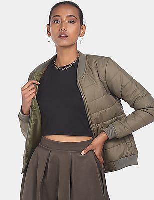 olive stand neck zip-up solid quilted jacket
