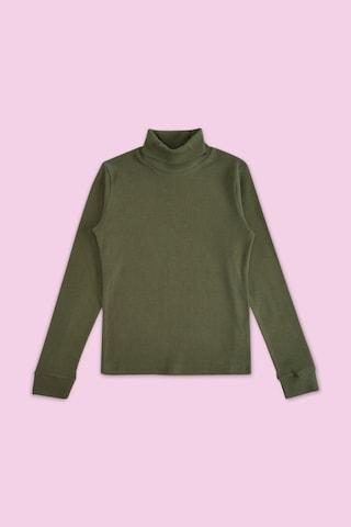 olive textured casual full sleeves turtle neck girls regular fit sweatshirt