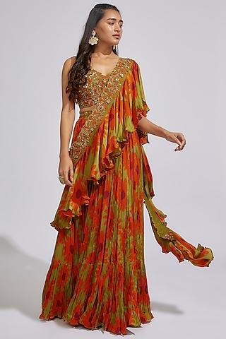 olive & orange crepe satin printed pre-draped saree set