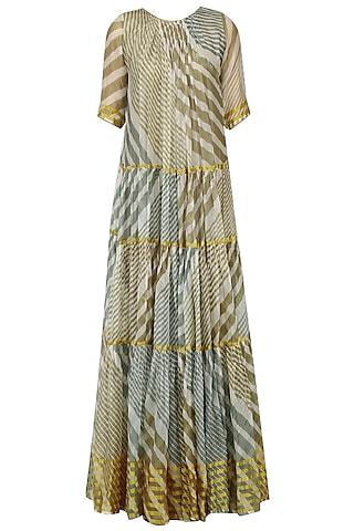 olive and teal leheria print pleated dress