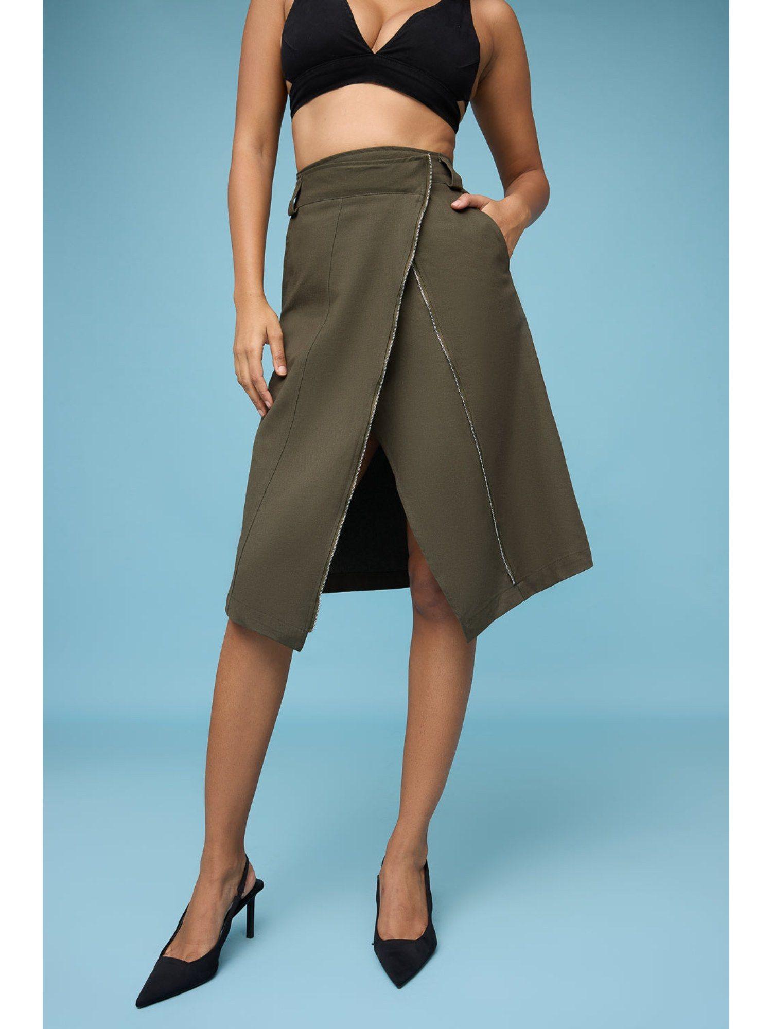 olive asymmetric midi skirt