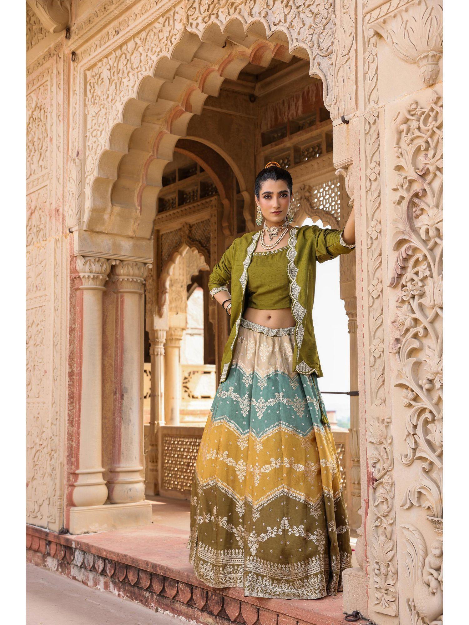 olive banarasi jacquard lehenga choli with jacket (set of 3)