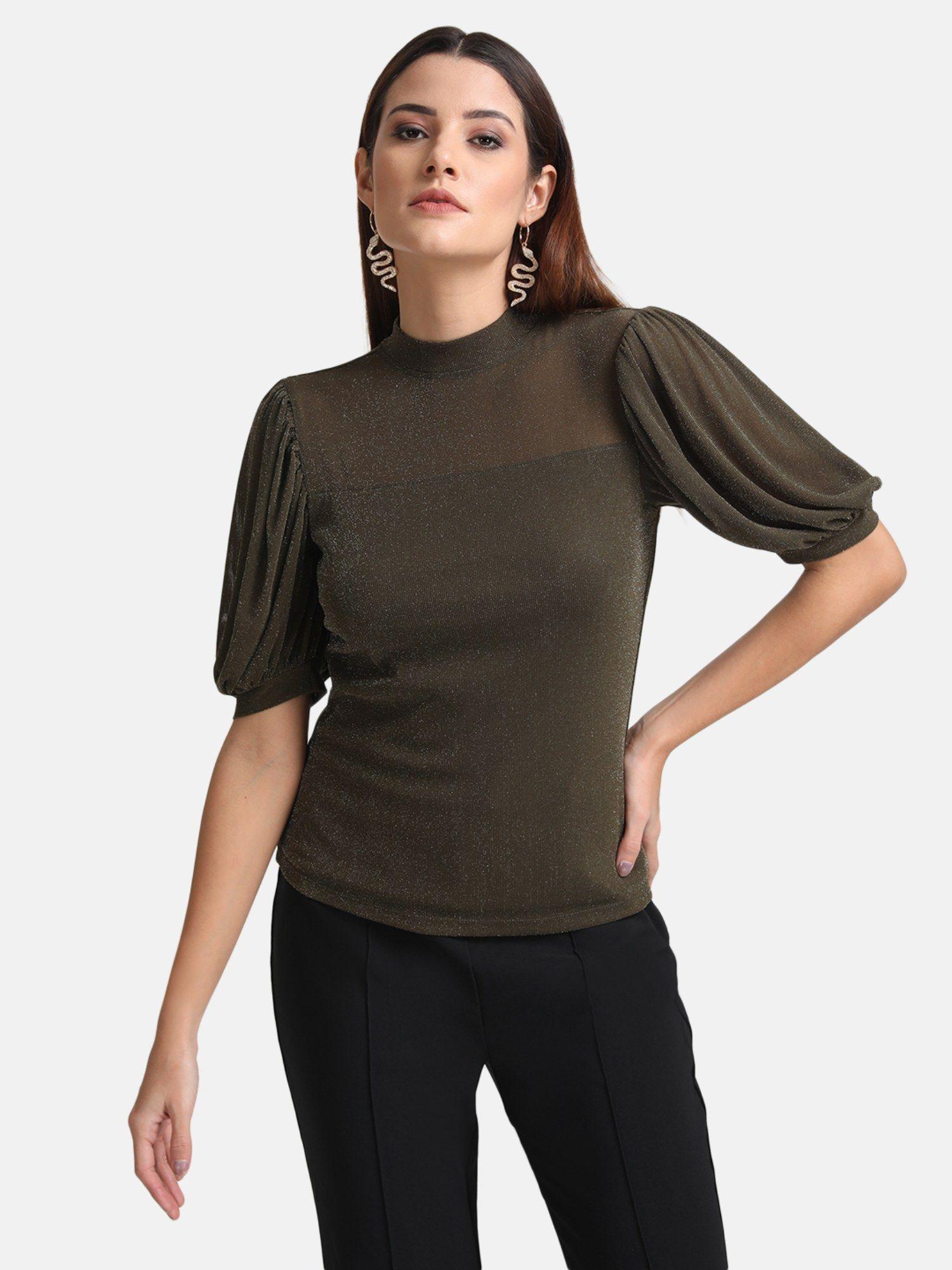 olive band neck puff sleeves top