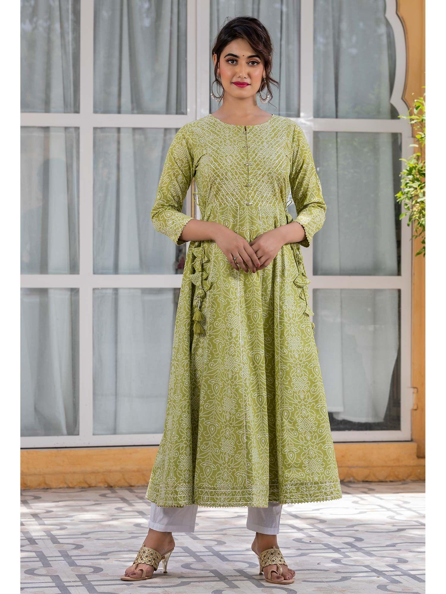 olive bandhej printed gota embellished ethnic dress