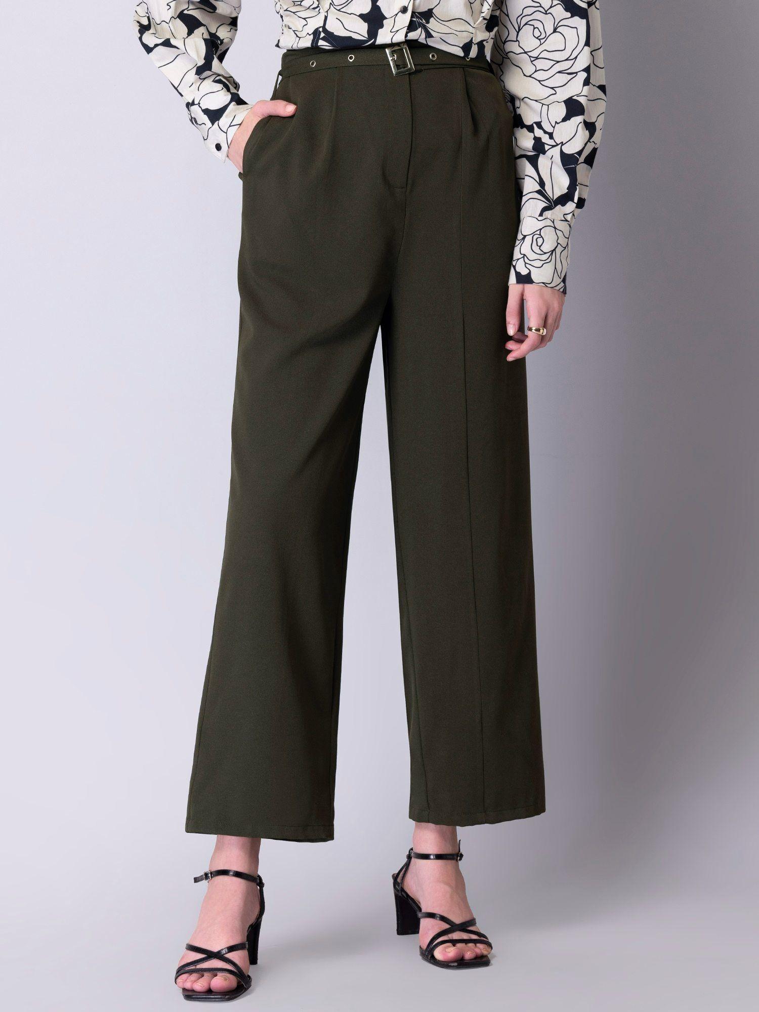 olive belted high waist straight fit trousers